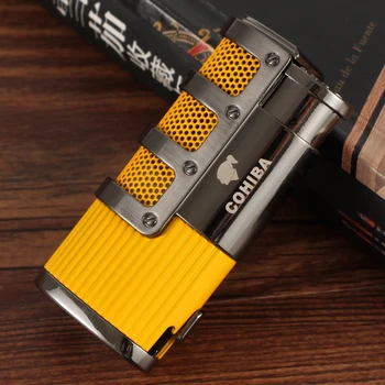 

COHIBA Metal Lighters 3 Jet Flame Cigar Lighter Pocket Cigar Accessories Built-in Cigar Punch Butane Gas Lighters W/ Gift Box