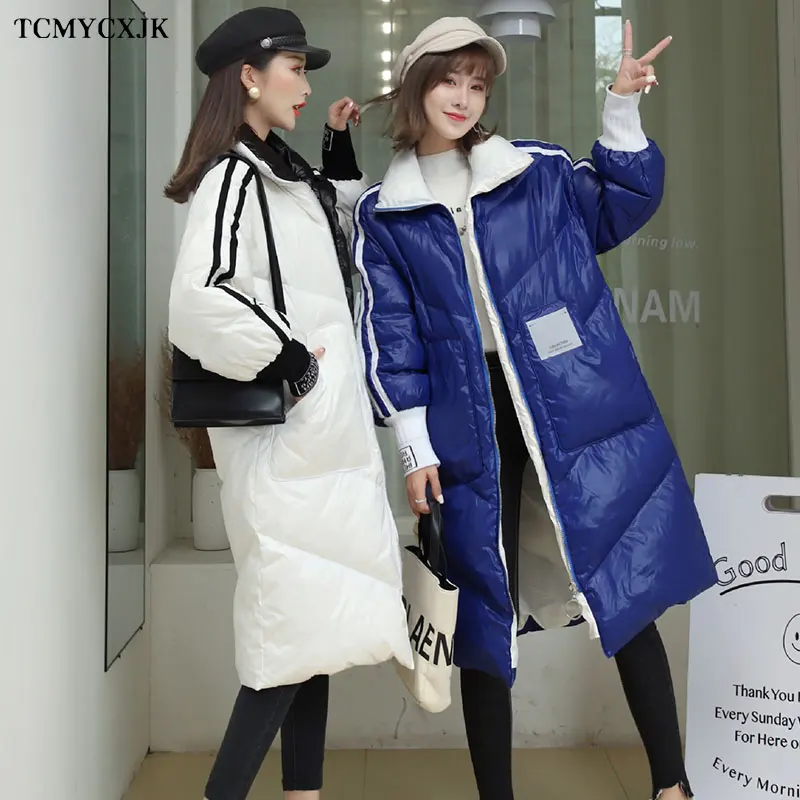 

New Winter Jacket Women 90% White Duck Down Coat Korean Long Side Stripes Stitched Sleeves Loose Thick Plus Size Jacket Women