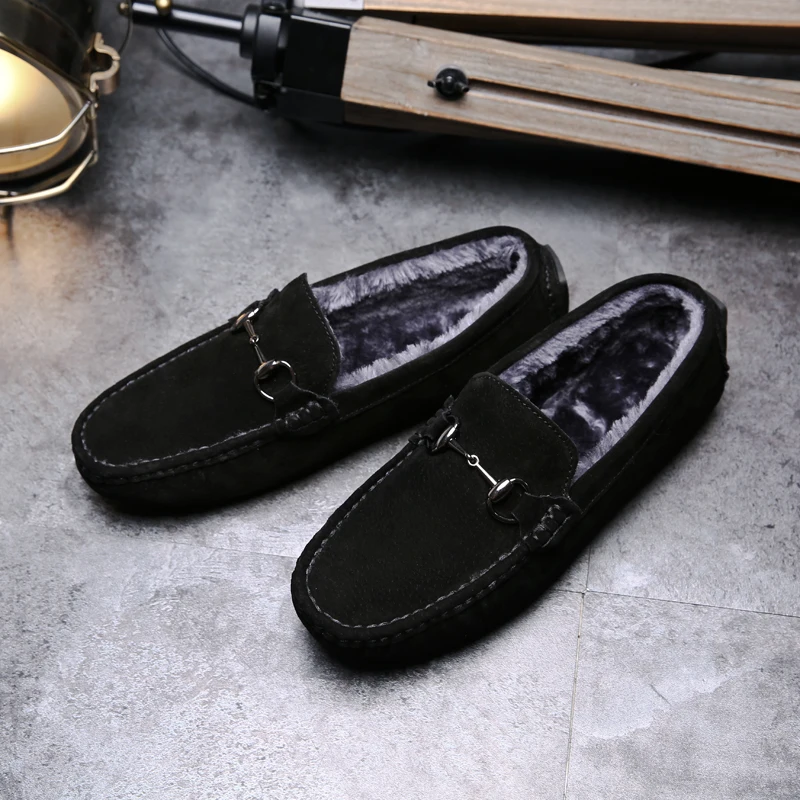 

Loafer For Men Winter Plush Casual Shoes Suede Leather Man Loafers Moccasins Slip On Men's Flats Male Car Driving Shoes Black