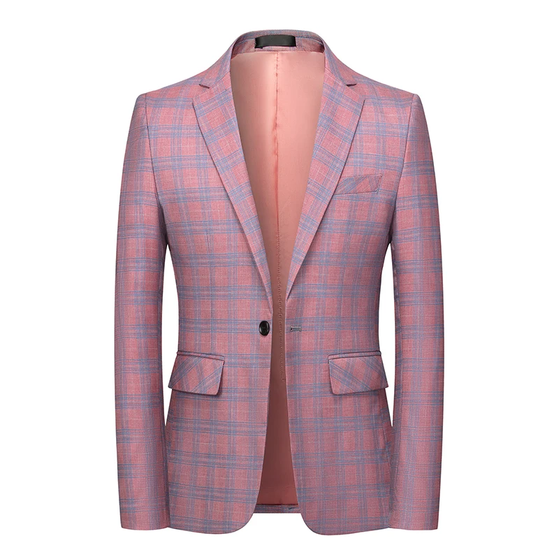 Pink Plaid Blazers Masculino Casual Business One Button Slim Fit 6XL Jacket Men Homme Tuxedo