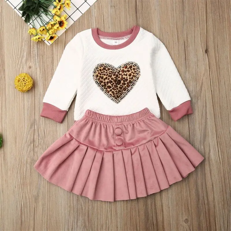 

Autumn Winter Baby Girl Toddler Kids Outfit Long Sleeve T Shirt Leopard Heart Tops Pleated Velvet Skirts Clothes Set