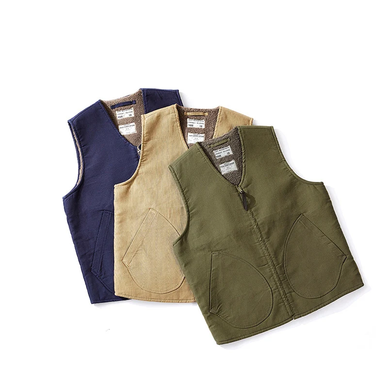 OK0403 Lamb Fleece Vest Men Winter Thicken Sport Outwear Keep Warm Zipper Pocket Decoration Solid Color Waistcoat 5