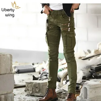 

New Mens Slim Fit Casual Pleated Cargo Jeans Denim Skinny Military Fitness Overall Pants Trousers Homme