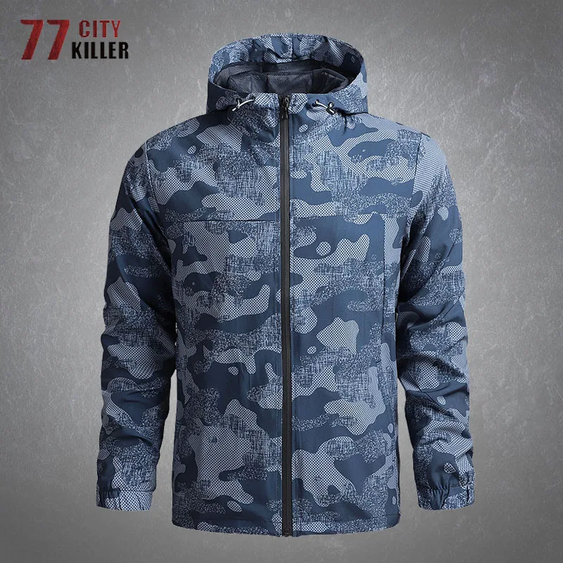 

Camouflage Printed Hooded Jacket Mens Fashion Casual Thin Breathable Windproof Coats Male Outdoor Sports Loose Tops Big Size 5XL