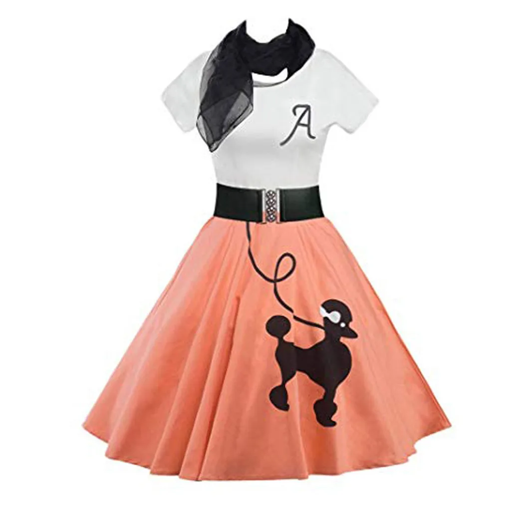 

Retro Poodle Print High Waist Skater Dress Vintage Rockabilly Swing Tee Dress Halloween Party A-line Summer Dress Costumes #LR3