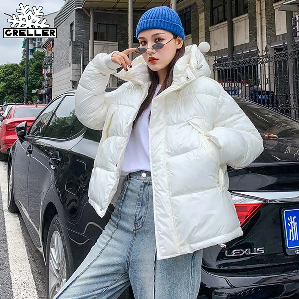 

GRELLER 2020 Thicken Hooded Autumn Winter Jacket Women Parkas Short Coat Casual Glossy Warm Winter Coat Women Jaqueta Feminina