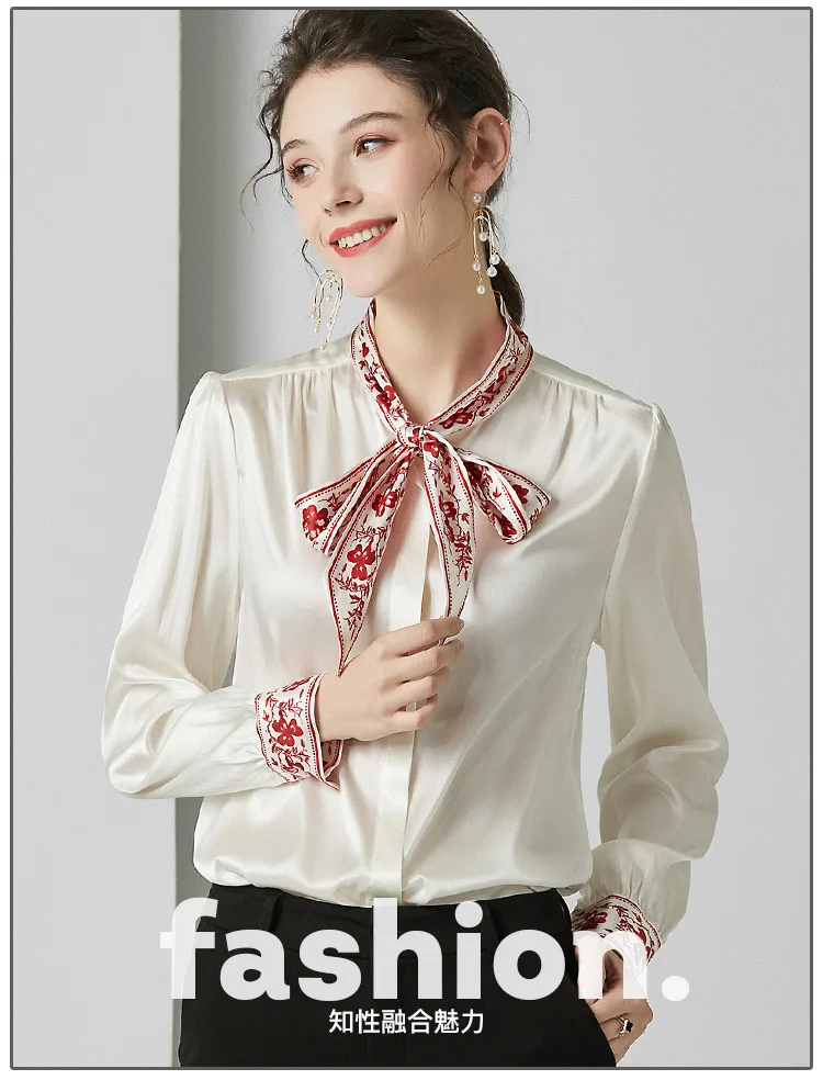 Блуза из чистого шелка в винтажном китайском стиле, роскошная женская рубашка с длинным рукавом, белые офисные женские топы с принтом, воротник с бантом za