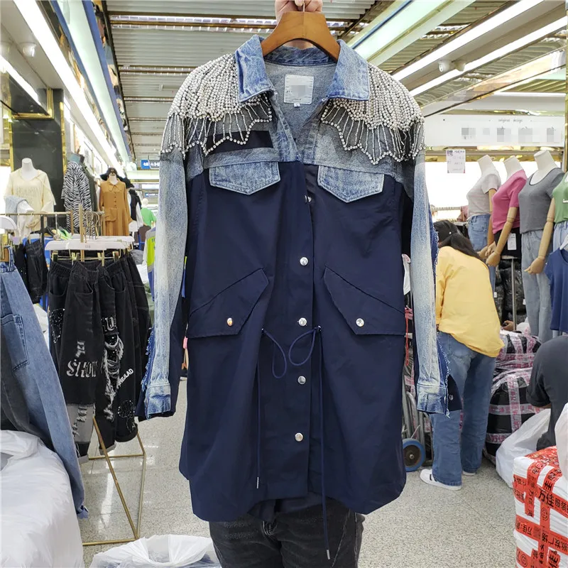 

2020 Spring Autumn New Denim Coat Shoulder Diamonds Beads Cowboy Overcoat Women Joint Waist Drawstring Middle Long Jeans Coats