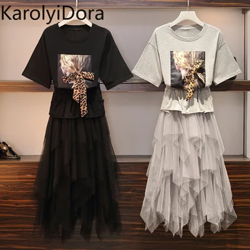 

2020 XL-5XL Oversize T Shirt Women's Suits Summer Leopard Print Bow Character Tshirt + Mesh Patchwork Long Irregula Suits