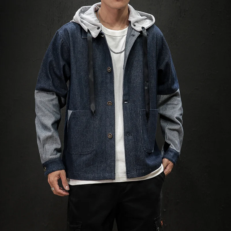 

Autumn New Denim Jacket Men Fashion Wash Retro Contrast Color Casual Hooded Jacket Man Streetwear Hip Hop Loose Bomber Jacket