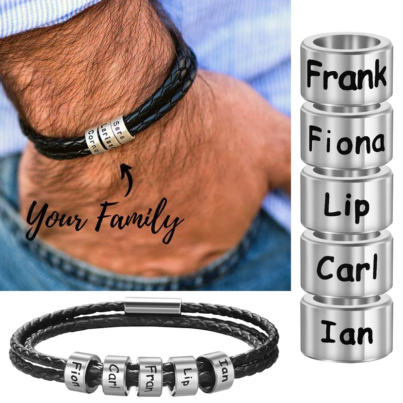 

Customized Text Stainless Steel Beads Leather Bangles Laser Engraving Family Name Symbol Bracelects Jewerly For Men Women