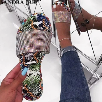 

SANDRA JRR Summer Slippers Fashion Crystal Bling Flats Sandals Women Flat Heel Open Toe Outside Casual Drags Slides Shoes Summer