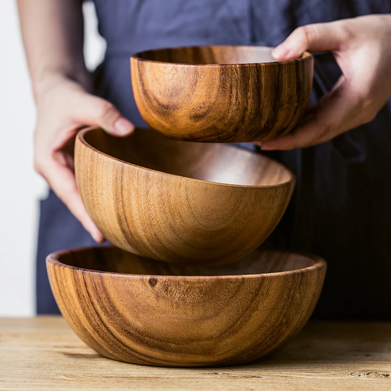 Large Wooden Bowl Hand-Made Round Acacia Wood Salad Soup Bowl Wooden Utensils (6)