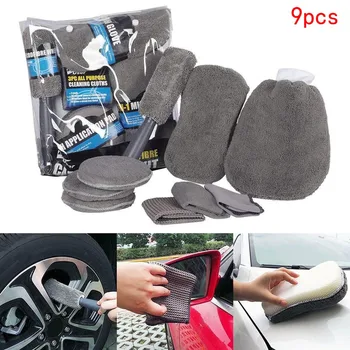 

9pcs Car Cleaning Tool Kit Microfiber Towel Detailing Clean Gloves Car Wheel Brush Polish Wax Sponge Pad Car Care Wash Supplies