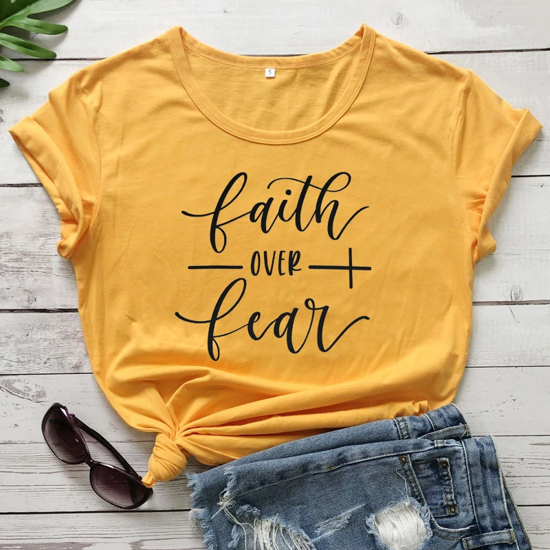 Faith Over Fear футболка женская модная вдохновленная Религиозная Христианская Церковь топы футболки Повседневная летняя графическая футболка tumblr наряд - Цвет: yellow-black text