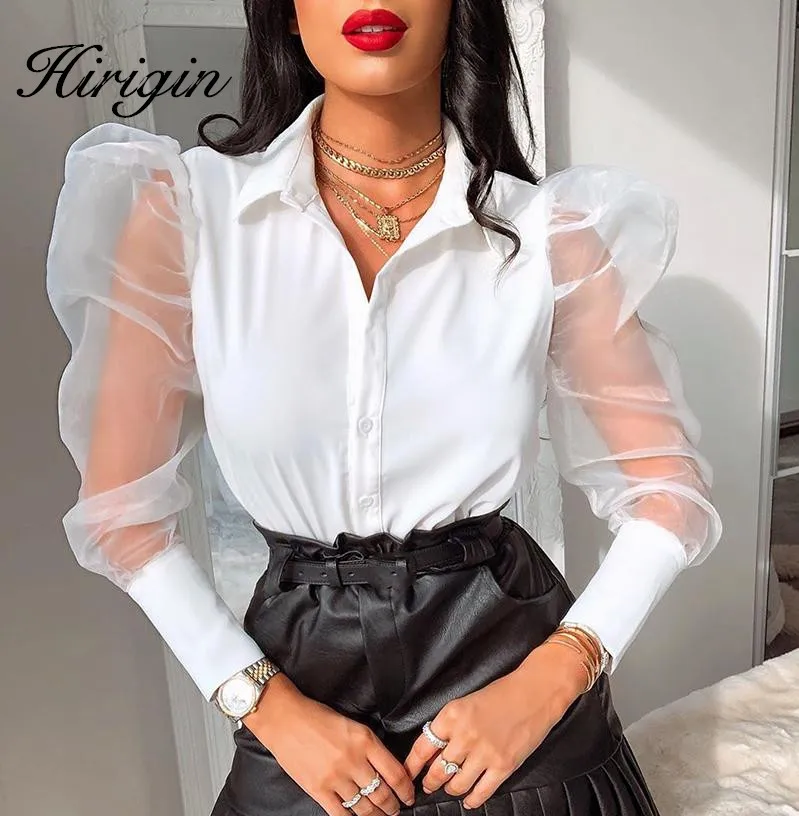 

Vintage Patchwork Puff Long Sleeve Blouse Women Elegant White Shirt Ladies Designed Fashion 2019 Organza Transparent Tops