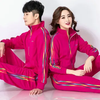 

Jin Crown Color Stripes Jiamusi Fitness Exercise Sports Clothing Set Team Square Dance Clothing Middle-aged Men And Women Long S