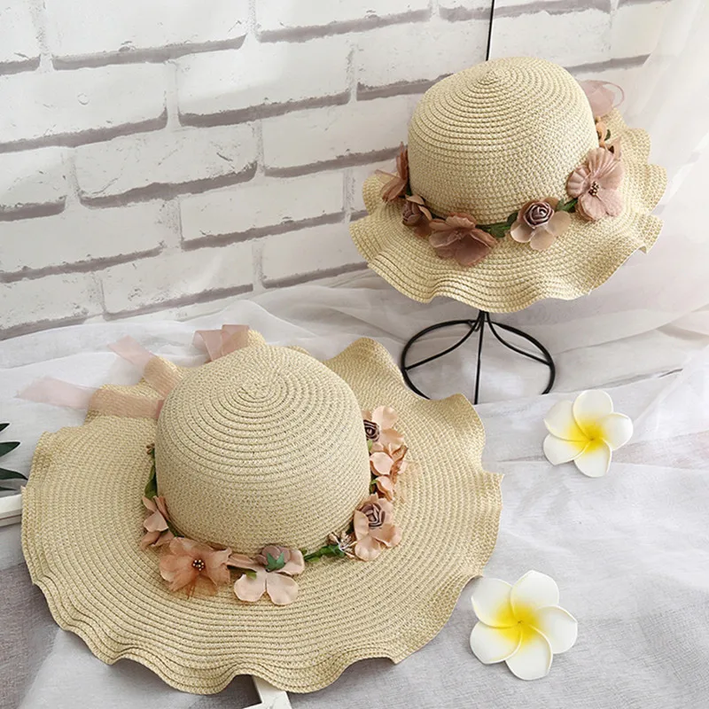 Summer Parent-Child Bucket Cap Sun Straw Hat Women's Flower Wreath Girls Outdoor Beach Travel Sunshade Straw Hat Women Cap beach hat women sun hat