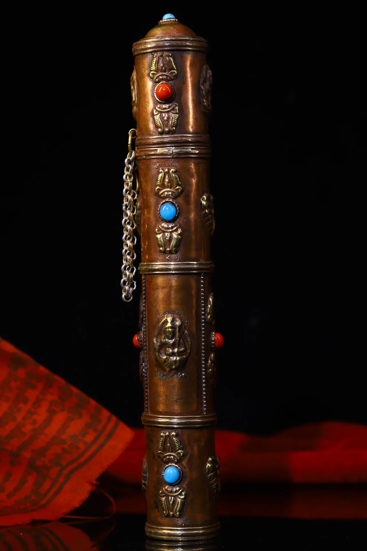 

9"Tibet Temple Collection Old Bronze Filigree mosaic gem Incense tube Box Incense fork Ornaments Town House Exorcism