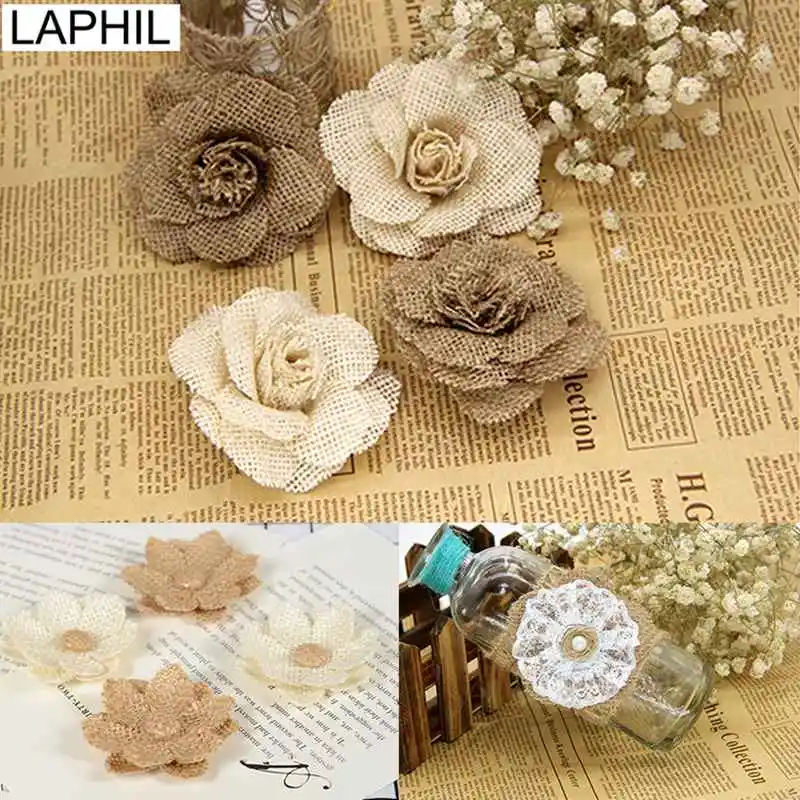 LAPHIL 2/5pcs Handmade Jute Burlap Flower DIY Crafts Vintage Rustic Wedding Decoration Chic Birthday Christmas Party Supplies
