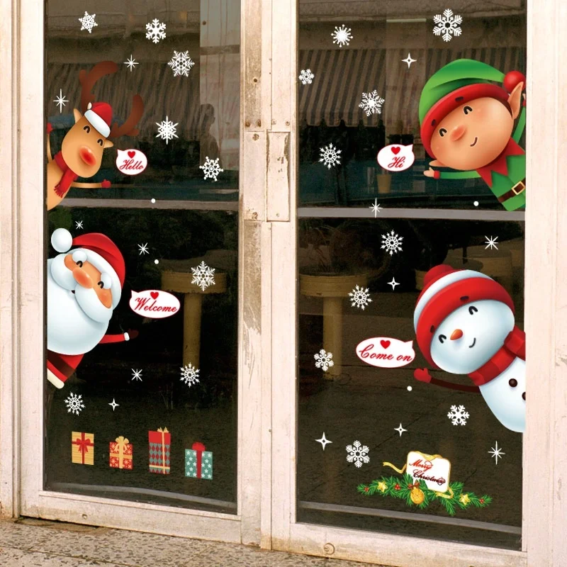 Рождество Детская комната Дверь Магазин окна стекло сцена макет Санта Клаус Лось Снежинка наклейки на стену
