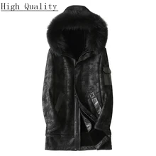Зимняя мужская куртка из натуральной кожи, пальто из овчины с капюшоном, шерстяная подкладка, Воротник из меха енота, Chaqueta Cuero Hombre1807 KJ1400