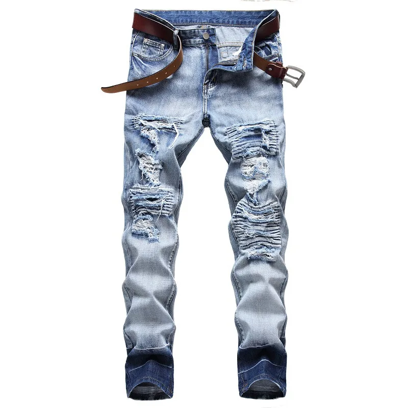 Denim Ripped Hole MOTO BIKE Straight Blue Jeans For Men'S OverSize 40 42 2020 Autumn Spring HIP HOP Punk Rock Streetwear Trouers Denim Ripped Hole MOTO BIKE Straight Blue Jeans For Men'S OverSize 40 42 2020 Autumn Spring HIP HOP Punk Rock Streetwear Trouers