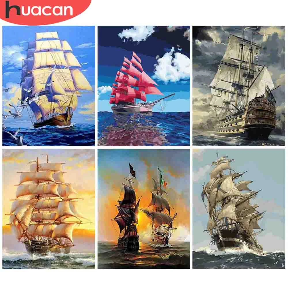 HUACAN Painting By Number Scenery DIY Drawing On Canvas Hand Painted Paintings Boat Pictures Numbers Sea Kits Home Decor | Дом и сад