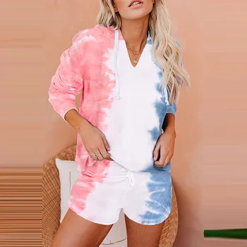 

European and American Tie-Dye Pajamas Women Summer 2020 New Youth Knitted Long-Sleeved Shorts Home Two-Piece Set Pajama Sets