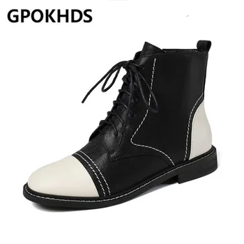 

GPOKHDS 2021 women soft ankle boots cow leather lace up boots winter short plush round toe low heel women boots