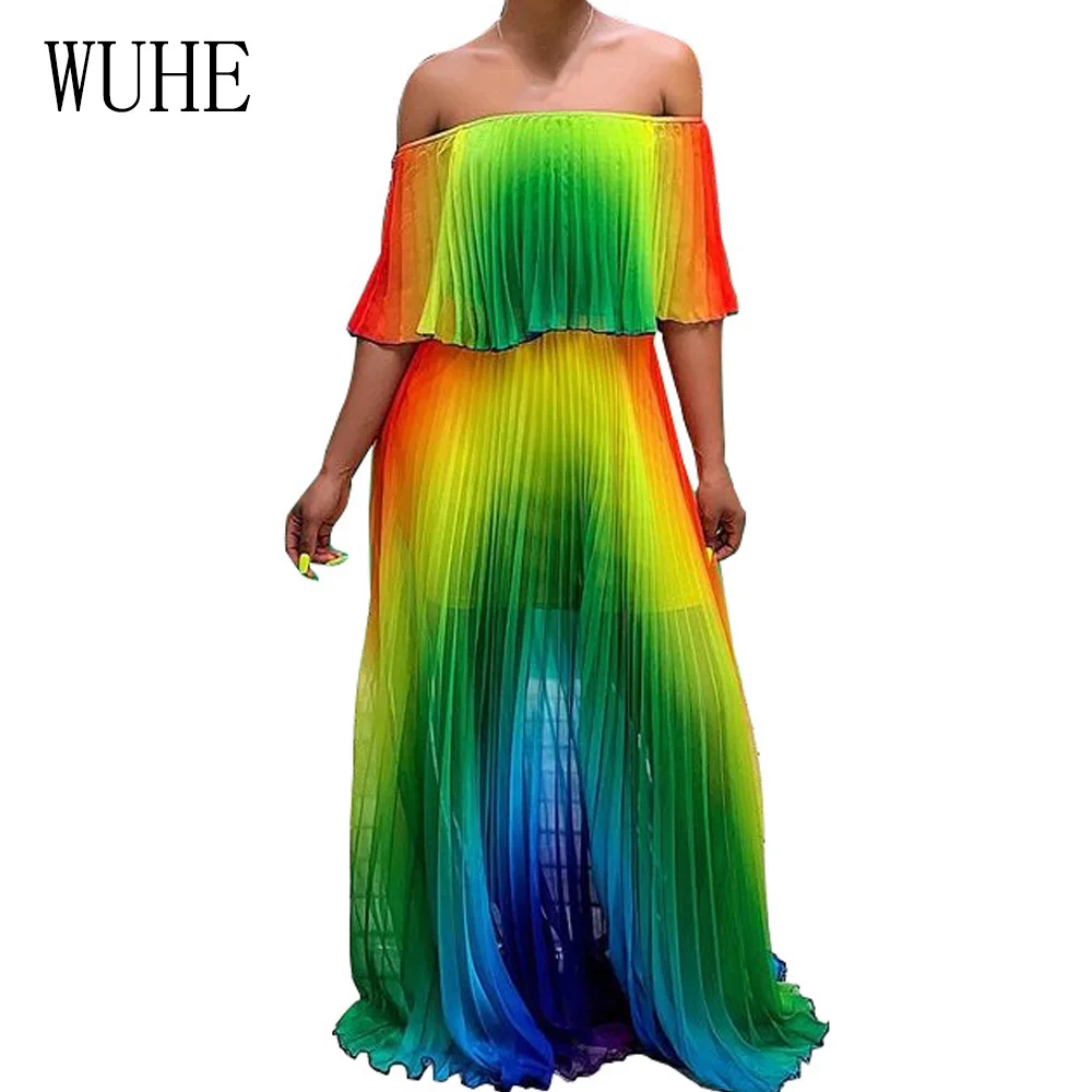 

WUHE 2019 Summer Beach Gradient Tie Dye Print Chiffon Off Shoulder Butterfly Sleeve Maxi Pleated Dress Sexy Boho Long Dresses