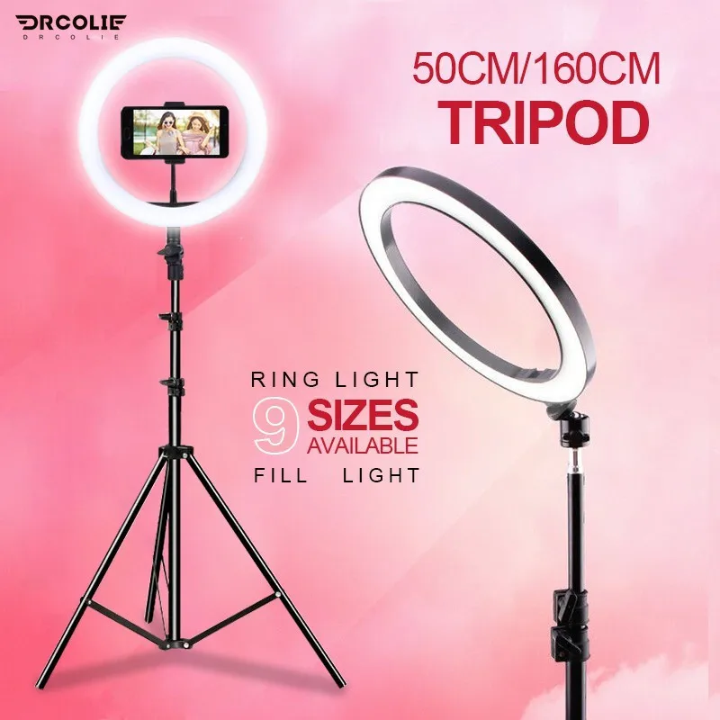 

DROCLIE 16/26cm Dimmable Ring Light Makeup Selfie Led Fill Light Photography Lamp For YouTuber Video With Phone Holder Tripod