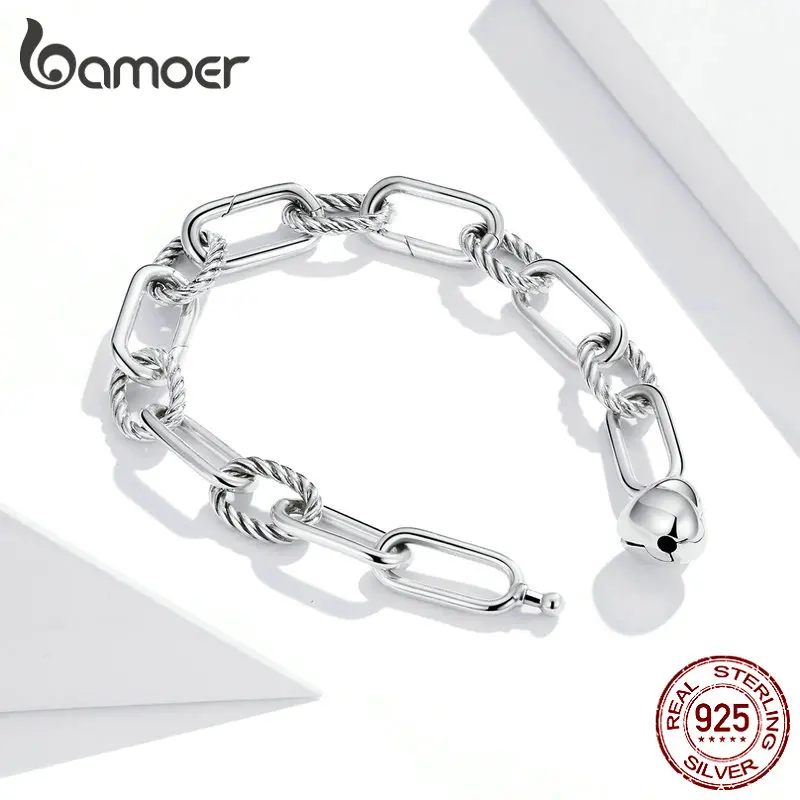 bamoer Silver Paper Clip Bracelet 925 Sterling Silver Heart Love Chain Bracelets for Women Engagement Jewelry Gift SCB202 - Image 4