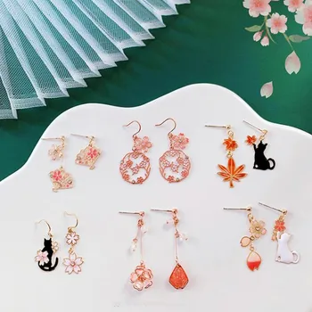 

Timlee E327 Popular Drip Oil Cat Cherry Blossoms Flower Maple Leaves Asymmetry Alloy Drop Earrings,Delicate Jewelry Wholesale