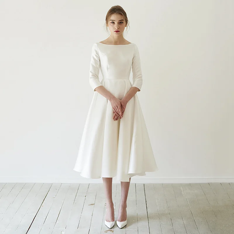 Простые Свадебные платья с короткими рукавами, свадебное платье с v-образным вырезом на спине, элегантное атласное платье для невесты длиной до середины икры - Цвет: ivory