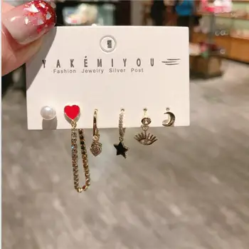 

Pearl love chain star moon earrings 6-piece micro-set inlaid rhinestone earrings women