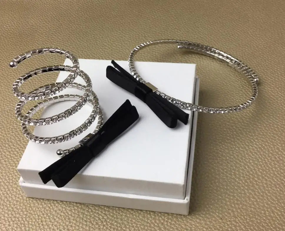 925 Sterling silver gorgeous Black Ribbon Bowknot necklace Bracelet Jewelry Set fashion CZ crystal bow pendant bangle | Украшения и