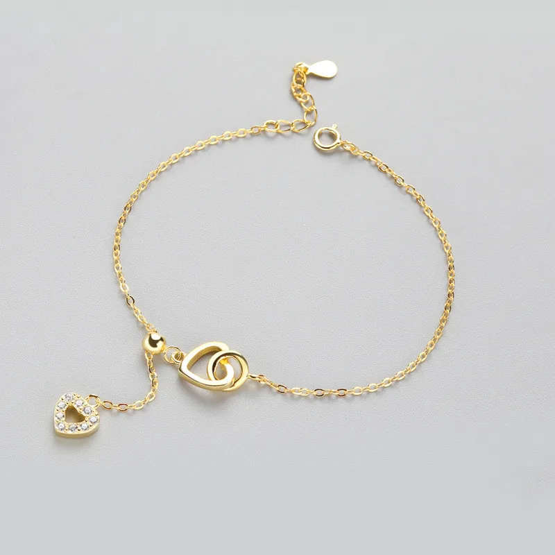 Настоящее 925 пробы, Серебряный циркон, милый браслет с кулоном сердце, романтическое ювелирное изделие, золотой цвет, для женщин, подарок на свадьбу