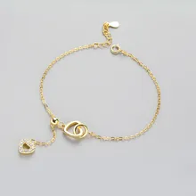 Настоящее 925 пробы, Серебряный циркон, милый браслет с кулоном сердце, романтическое ювелирное изделие, золотой цвет, для женщин, подарок на свадьбу