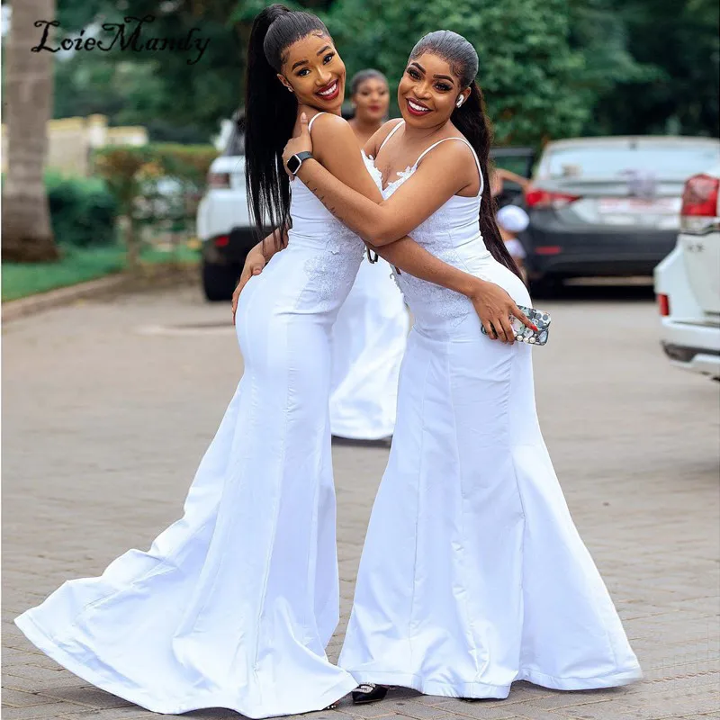 

Modern White Mermaid Bridesmaid Dresses With Applique Lace 2022 African Long Prom Dress Wedding Guest Party Gowns Vestido longo