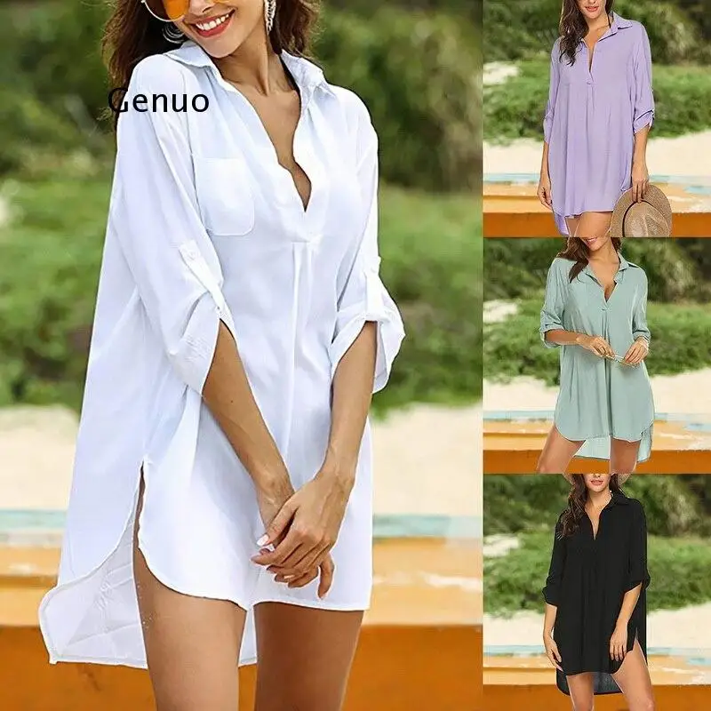 

2021 Women's Beach Cover Up Long Sleeve Button Down Sleep Shirt Dress Swimsuit Solid Color Cover Up Tunics Solid color Beachwear