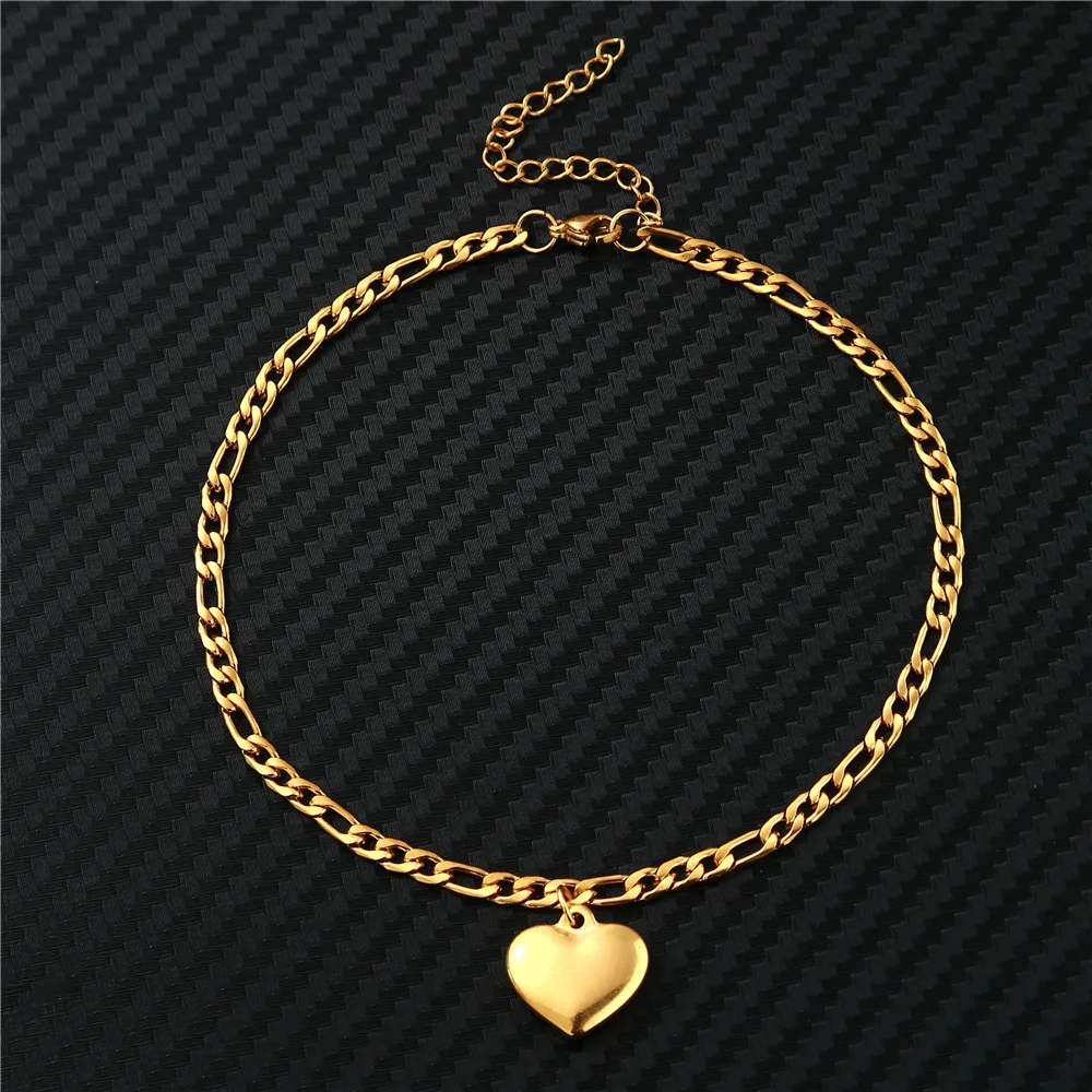 Women's Ankle Leg Bracelet Beach Jewelry Ladies Gold Color Stainless Steel Figaro Chain With Heart Pendant Anklets for Women silver anklet bracelet ankle chains fashion accessories