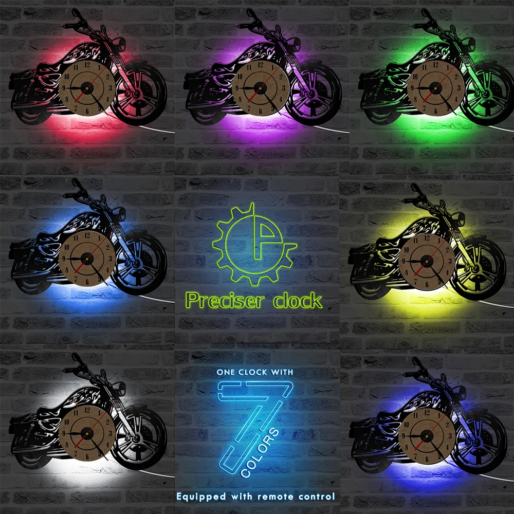 B with 7 colors 3D креативные классические виниловые часы для записей, для любителей мотоциклов, подарок, полый Мотоцикл Форма, настенные часы, светодиодный наездник для мотоцикла - Цвет: B with 7 colors