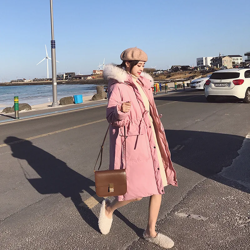 

2019 Winter New Style Korean-style Mid-length Loose-Fit Slimming Large Fur Collar down Feather Cotton Overcoat Women's