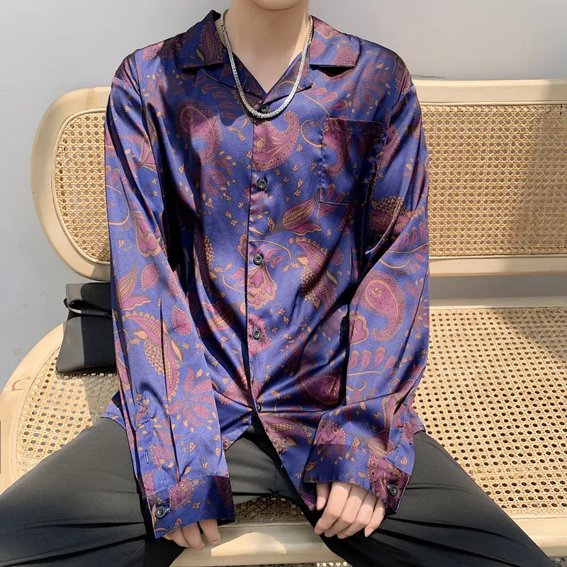 Nice Spring And Summer Pop Korean Ice Silk Imitation Satin Thin Retro Hawaiian Printed Long-sleeved Men Striped Shirt M-XL | Мужская