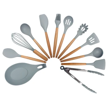 

Silicone Kitchenware Cookware Set Baking Tools Kit Cooking Utensils Wooden Handle Non-stick Spatula Tube with Box Premium Gray