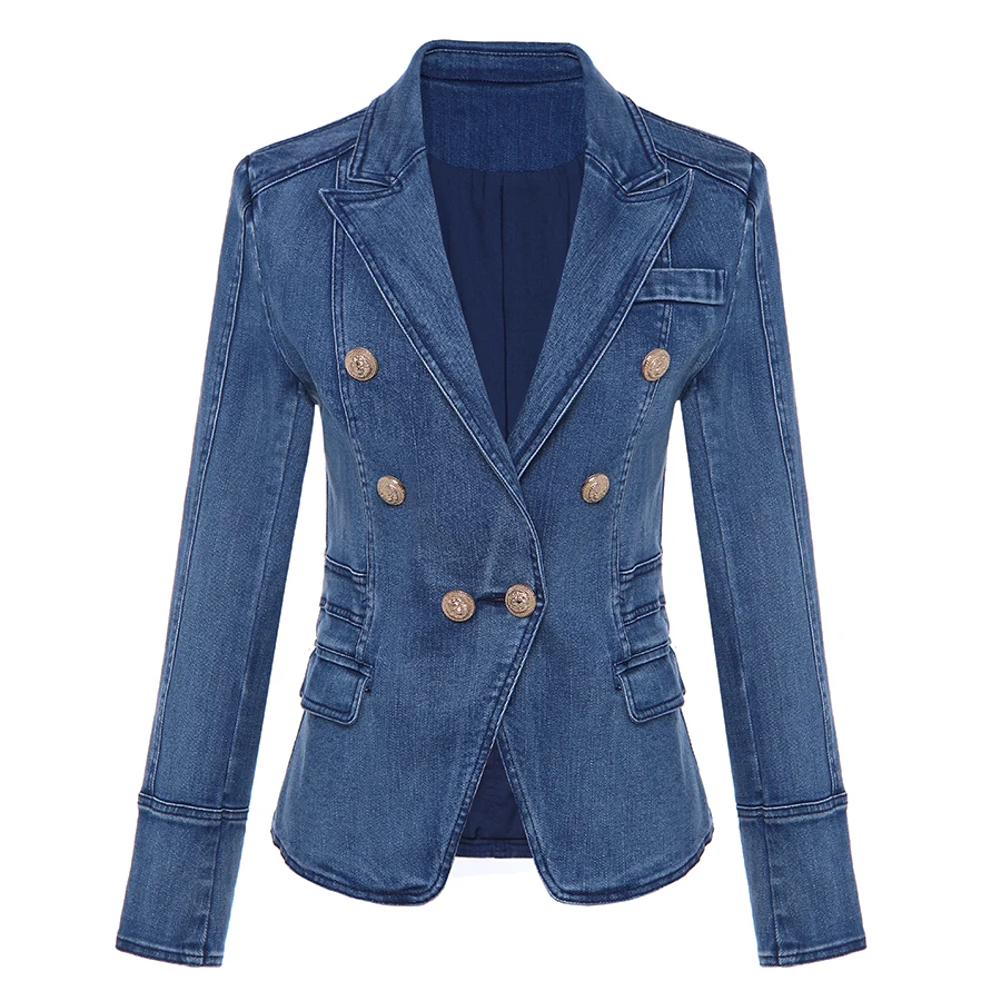 

2018 Designer Blazer Women's Metal Buttons Double Breasted Denim Blazer Jacket Outer Jacket