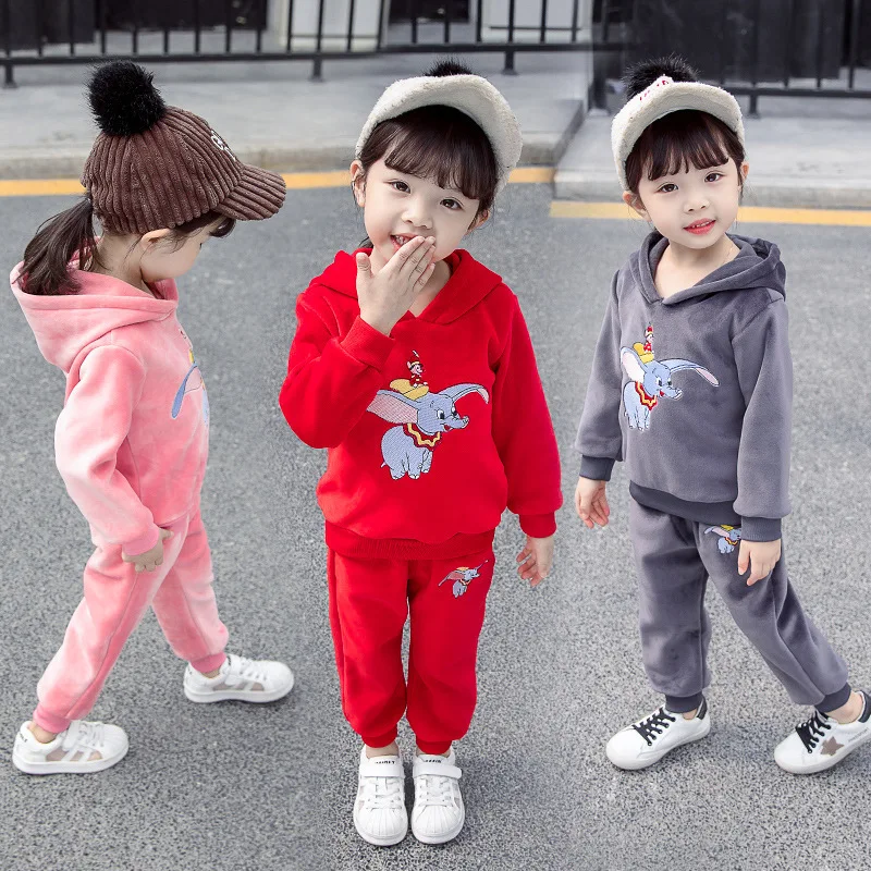 

Children Cartoon Dumbo Clothing Baby Girl Autumn Winter Warm Hooded Coat Fashion Clothing Sets Jacket Pants Cotton Tracksuits