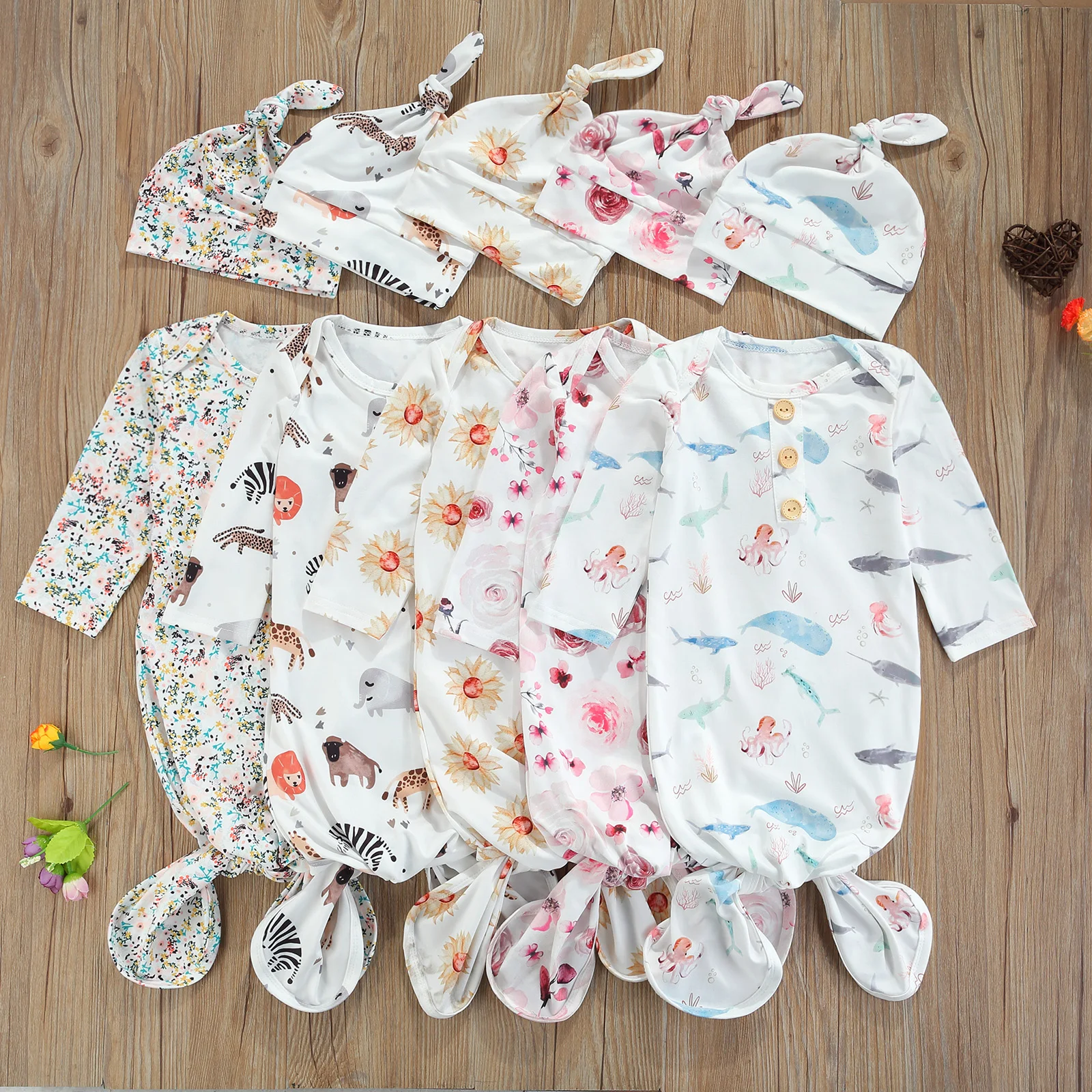 FOCUSNORM 5 Colors Newborn Baby Girls Sleeping Bags+Hats 2pcs Cartoon Patterns Print Round Neck Long Sleeve Sleepwear