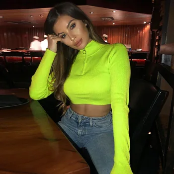 

New Women Stand Up Collar Long Sleeve Sweater Soild Slim V-neck Open Navel Short Zip Tops Ladies Pullovers Autumn Winter Jumpers